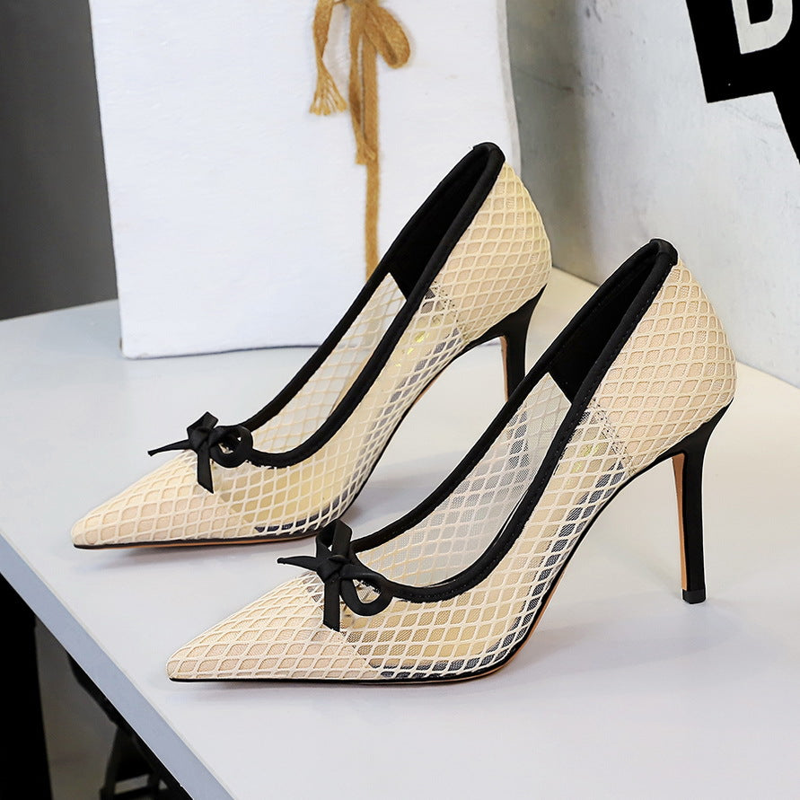 French High Heels Bow Pointed Shallow Mouth Mesh Lace Stiletto Heel Slip on Pumps Women ForestFootwear