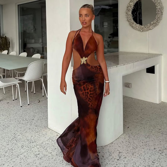 Vestido ajustado con abertura y estampado ahuecado sexy de verano para mujer