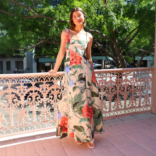 Vestido largo de primavera y verano con cuello cuadrado y estampado del mismo estilo, vestido adelgazante de gran longitud con vuelo