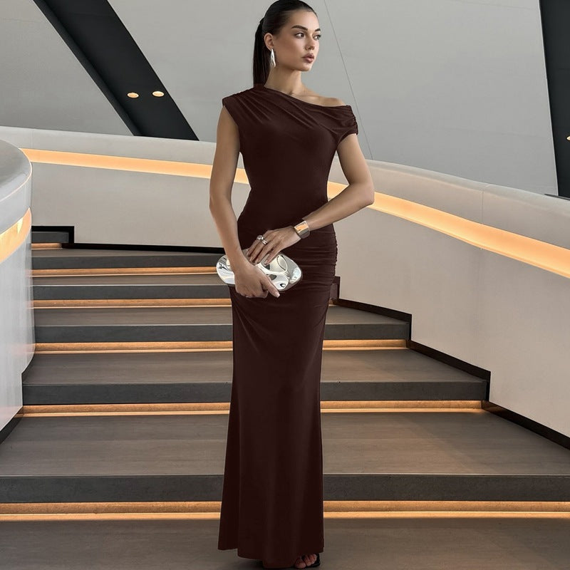 Women Clothing Summer Pleated Waist Tight Slimming Shoulder Hollow Out Cutout Sexy Solid Color Dress