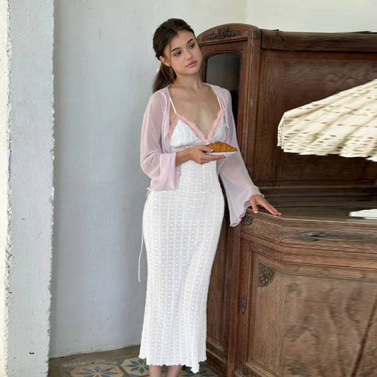 Vestido de primavera para mujer, sexy, con encaje, escote en V, espalda descubierta y lazo.