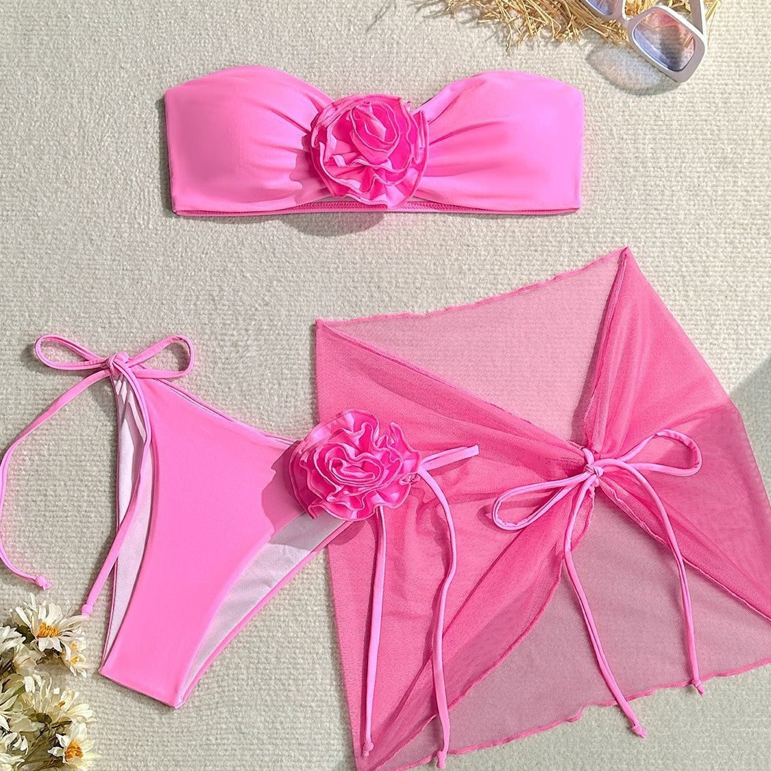 Bikini sexy de tres piezas, traje de baño para mujer, bikini tridimensional con estampado floral grande.