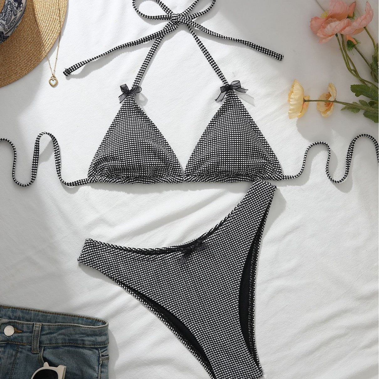 Black White Lattice Pattern Bow Halter Bikini Two Piece Sets CSC