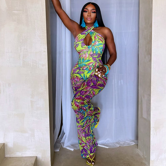 Combinaison imprimée ample et confortable pour femme, taille ajustée, dos nu croisé, ajourée, découpe, dos nu, sexy