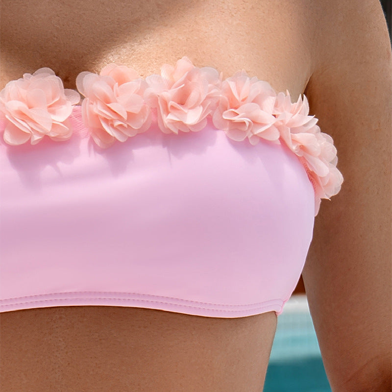 Traje de baño de bikini con parte superior de tubo y encaje rosa sexy