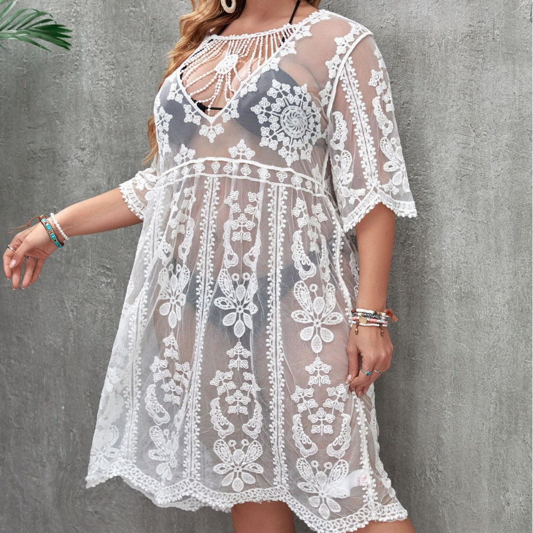 Vestido de playa de una pieza sexy transparente con protección solar para mujer