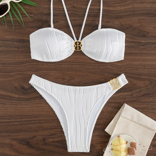 Maillot de bain bikini à boucle métallique pour femme, maillot de bain fendu avec coussinet de poitrine