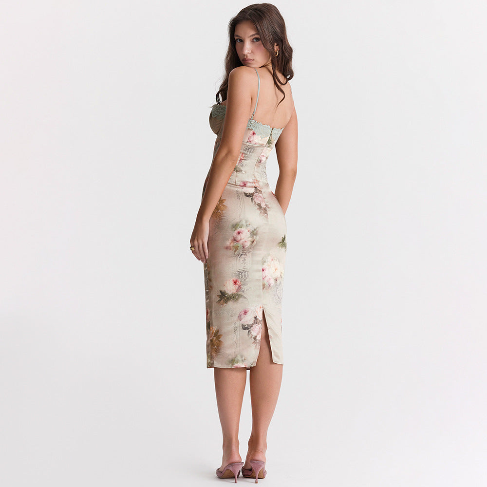 Vestido camisero de encaje sexy para mujer, vestido midi de cintura alta sin espalda y estampado