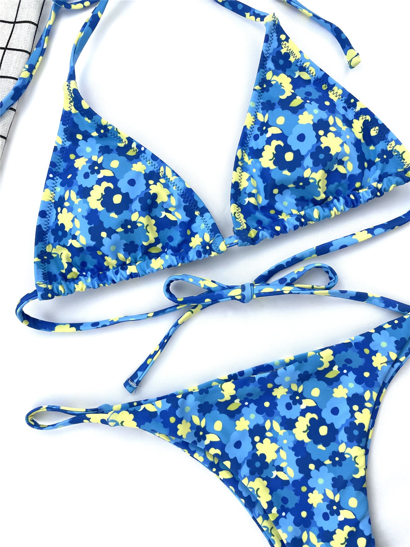 Women Seperated Swimwear Blue Floral Tie-Neck Bikini