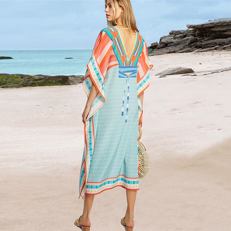 Robe de plage ample en mousseline de soie, col en V, imprimé, grande taille, pour femmes