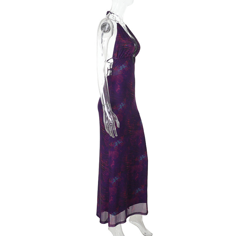 Women Clothing Chain Season Floral Print Slit Sexy V neck Small Backless Slim Fit Dress