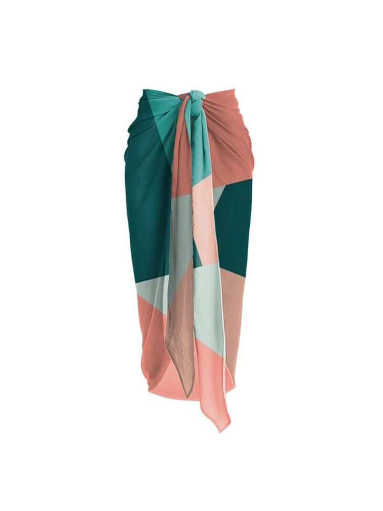 Conjunto de bikini de una pieza con estampado de contraste de color, falda de gasa de malla Wishi, traje de baño para vacaciones