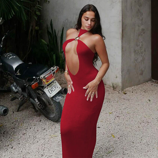 Vestido ajustado con cuello halter, sexy, de invierno, color liso, para mujer