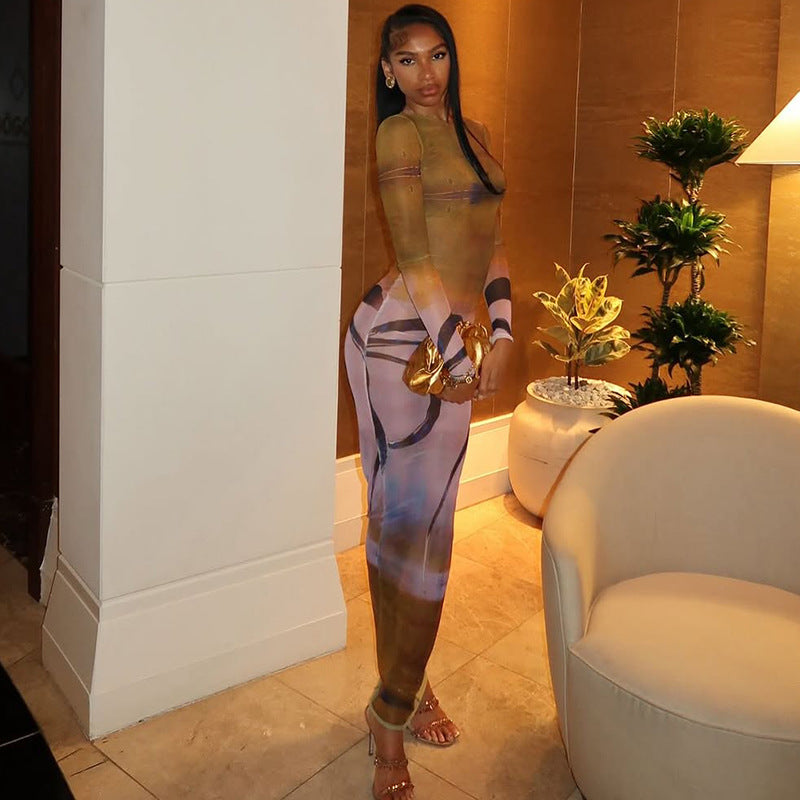 Vestido ajustado para mujer, con costuras, estampado retro a la cadera, cuello alto, manga larga, ligeramente transparente