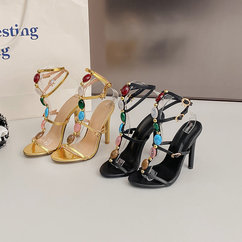 Sandalias de verano de 11 cm con tacón de aguja y punta abierta con hebilla en el tobillo para mujer
