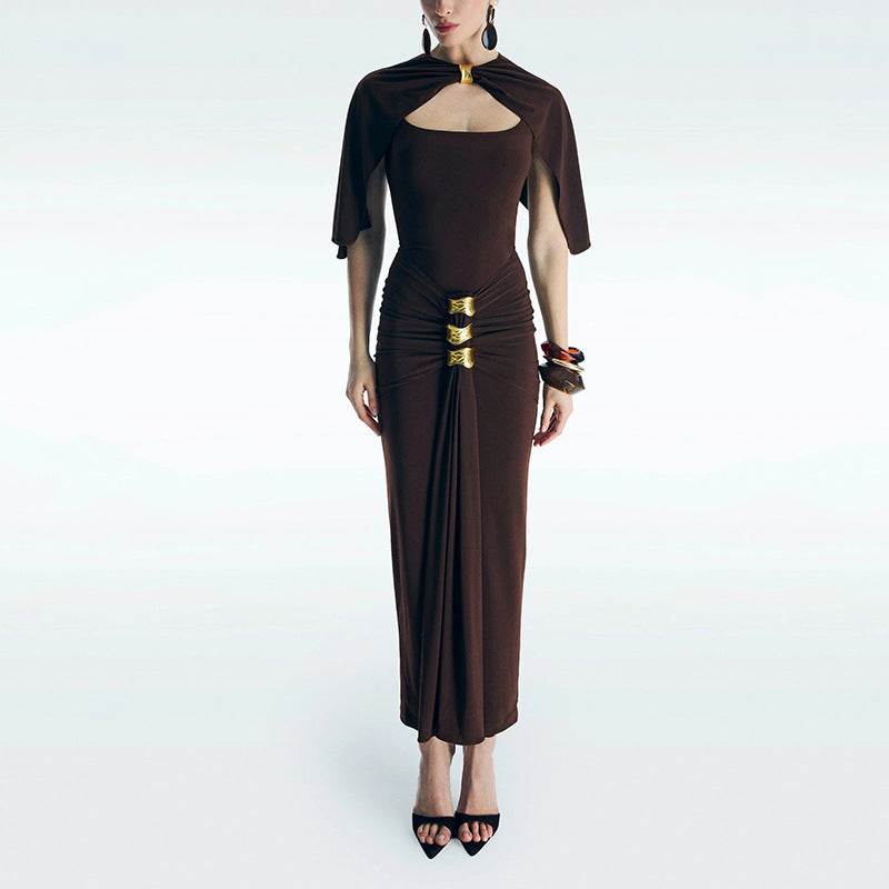 Elegant Lady Shawl Dress Summer Solid Color Stitching Metal Buckle Tight Waist Slim Hip Dress Ory