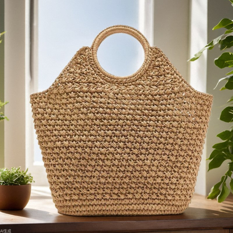 Bolso de paja hecho a mano con aro, bolso de mano de gran capacidad, bolso tejido, bolso de playa para vacaciones, bolso para mujer