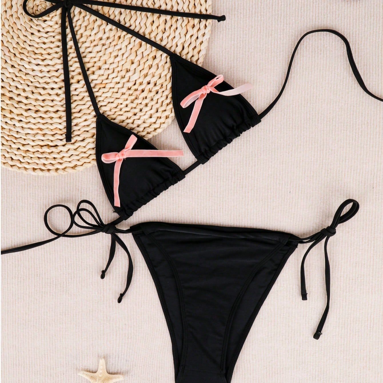 Maillot de bain sexy dos nu pour femme, couleur unie, bikini à lacets, trois points, fendu