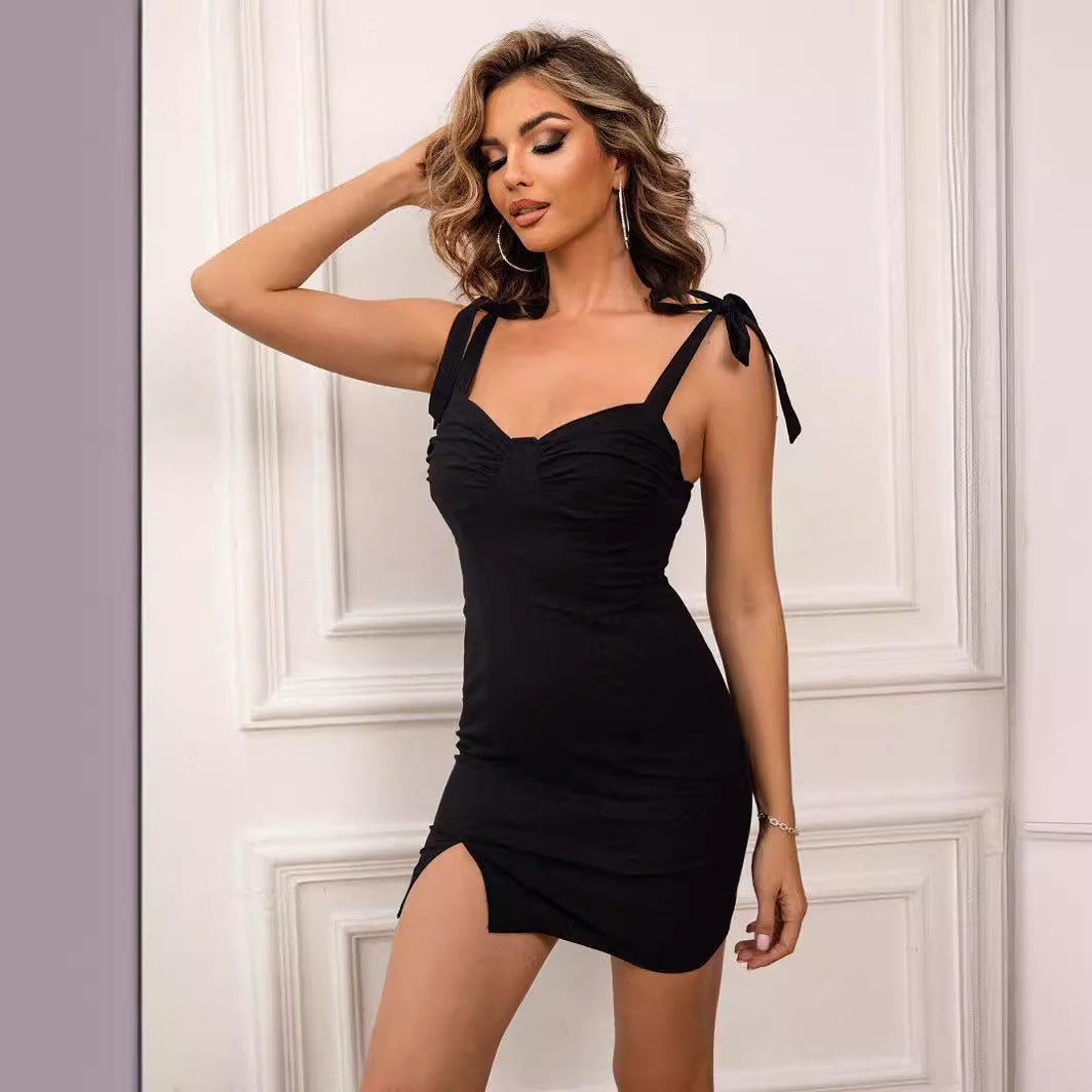 French Hepburn V Neck Strap Dress Summer Retro Split Waist Slimming Short Dress Women Clothing