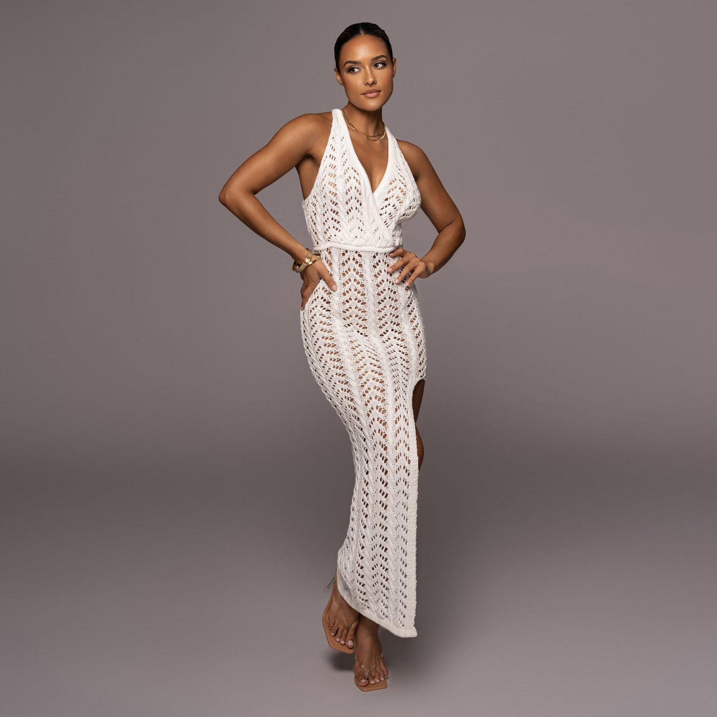 Women Clothing Hollow Out Cutout Out Camisole Dress Sexy Lady High Slit Knitted Beach Dress