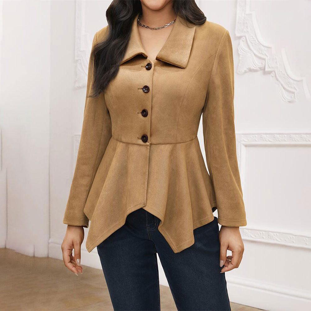 Elegant Office Collared Irregular Asymmetric Open Placket Suede Loose Long Sleeve Jacket Women Suede Trench Coat Rogan