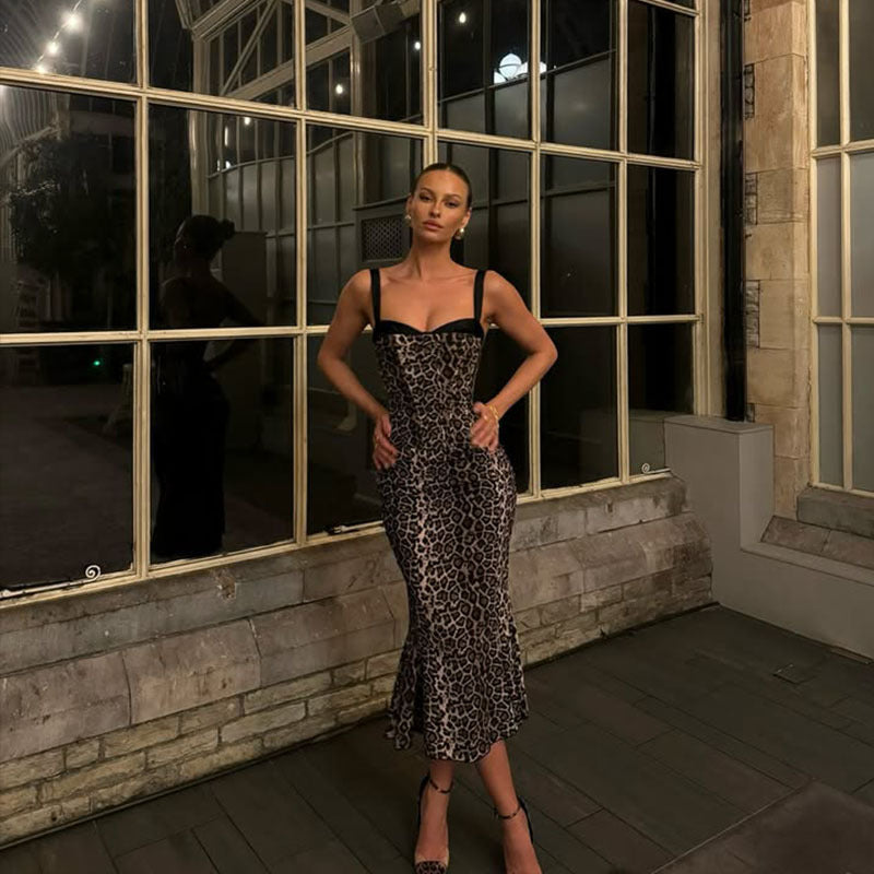 Women Clothing Sexy Sling Leopard Print Dress Slim Fit Sheath Dress