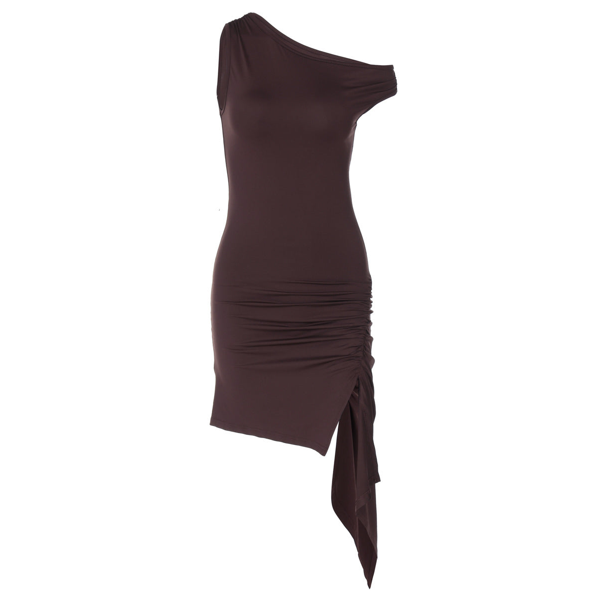 Vestido de primavera para mujer, color liso, cuello diagonal, un hombro, irregular, asimétrico, con volantes en la cadera.