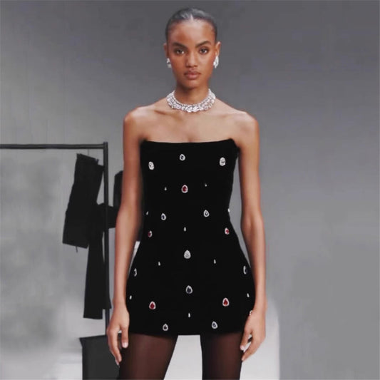 Vestido de fiesta tipo esmoquin con top de tubo y diseño de interés especial con diamantes de imitación