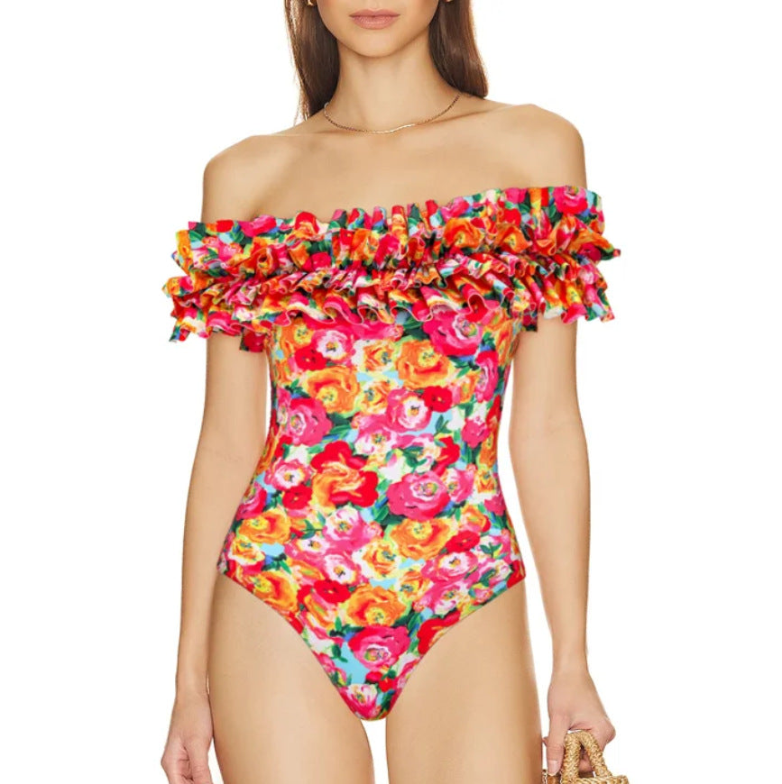 Traje de baño de una pieza con estampado francés retro para mujer, traje de baño adelgazante para vacaciones