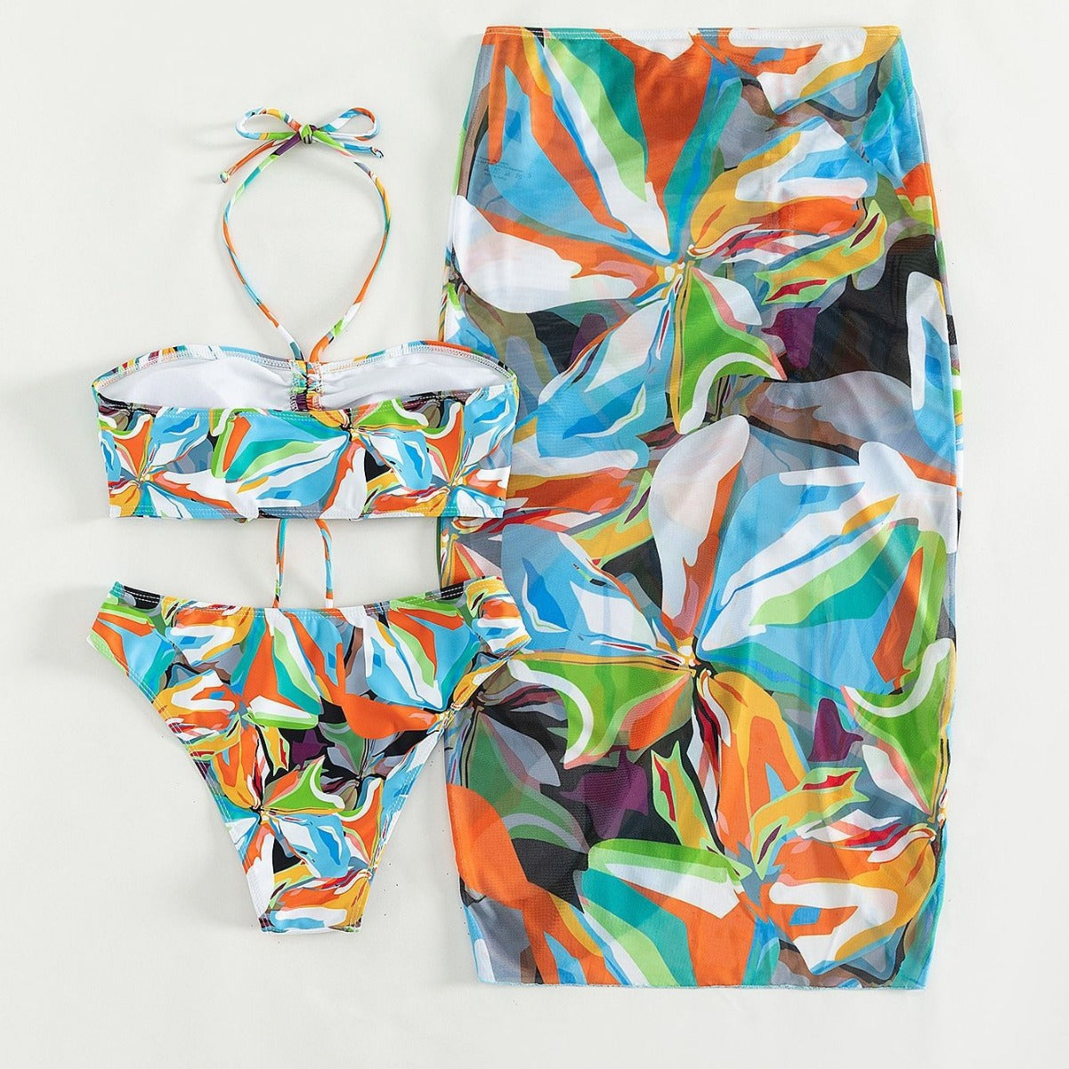 Conjunto de bikini de tres piezas dividido, bikini sexy estampado con cordones y cordón