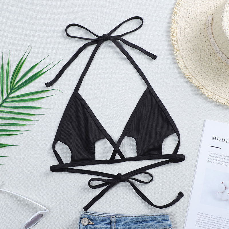 Bikini con cuello halter y cordones para mujer, traje de baño sexy de color liso con aberturas y recortes para playa