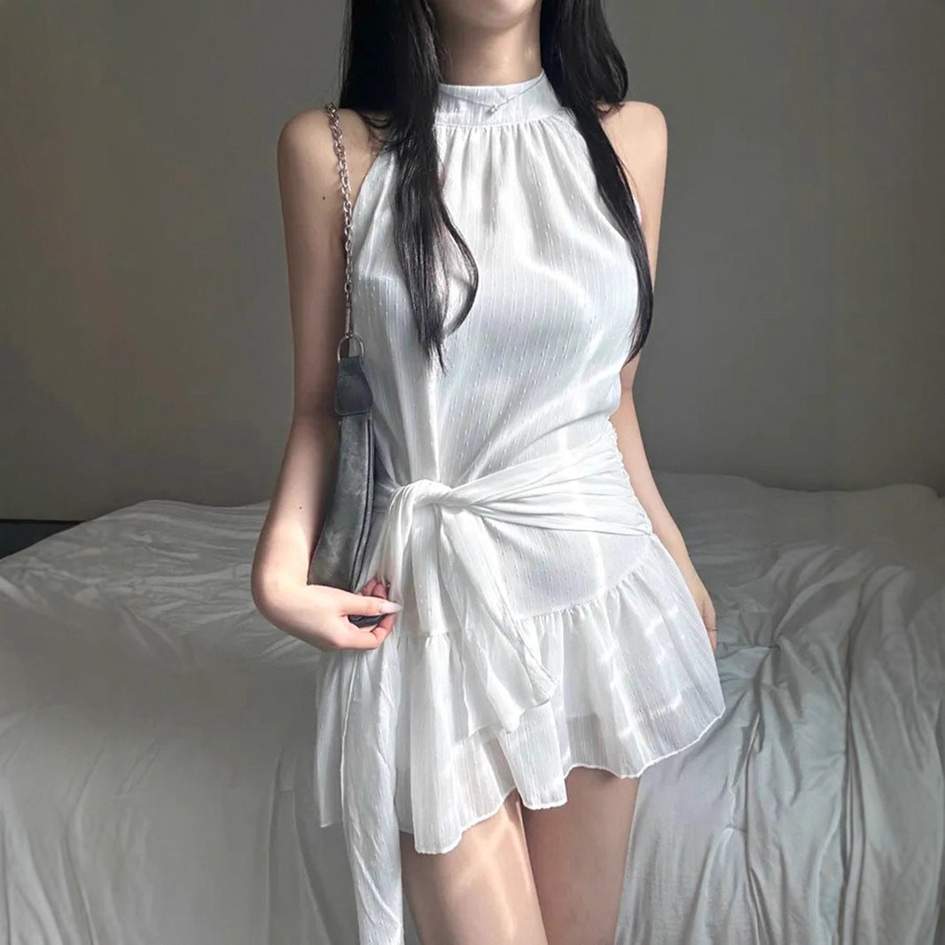 Gentle Girlish Halter round Neck Sleeveless Dress Waist Controlled Lace up Short Double Layer Flounced