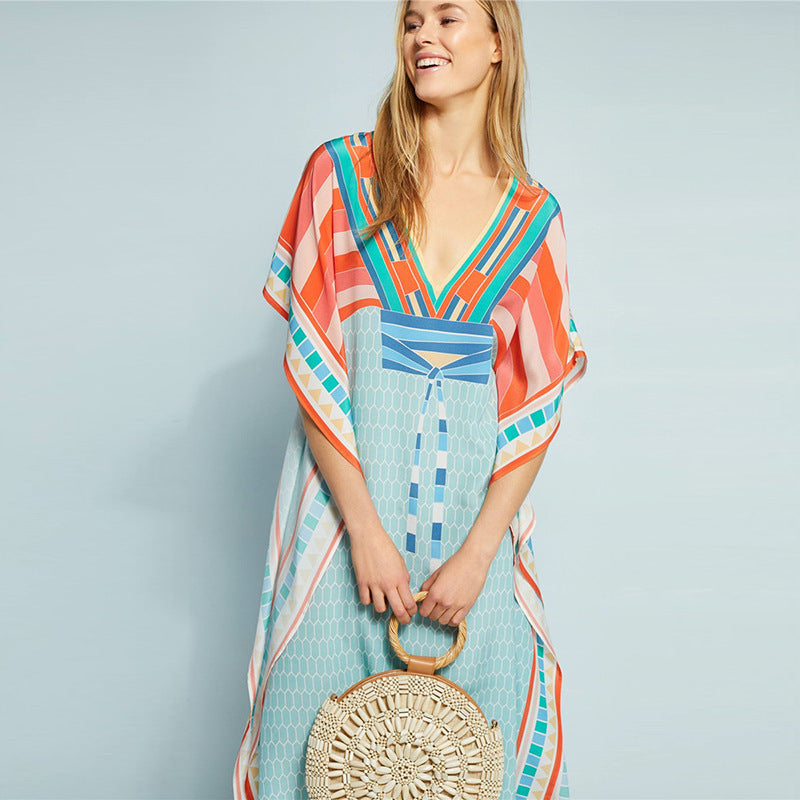 Robe de plage ample en mousseline de soie, col en V, imprimé, grande taille, pour femmes