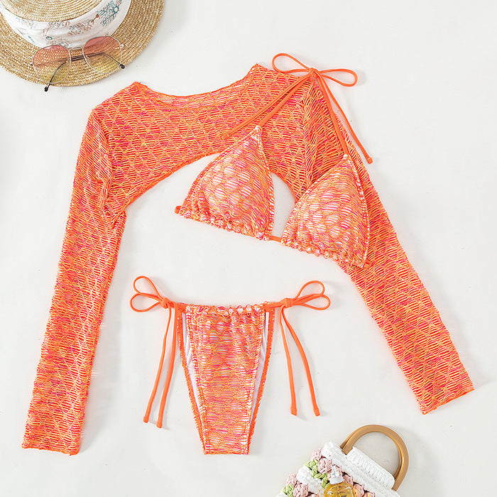 Traje de baño de manga larga con abrigo de malla para mujer, conjunto de tres piezas, traje de baño de verano para mujer
