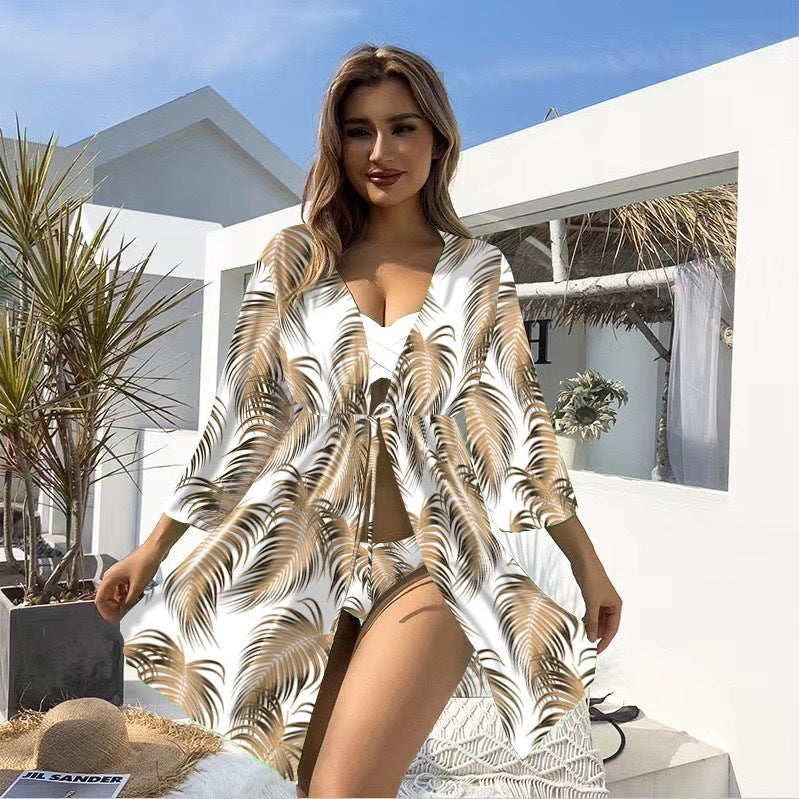 Conjunto de bikini de tres piezas con protección solar, traje de baño de manga larga con estampado multicolor para mujer