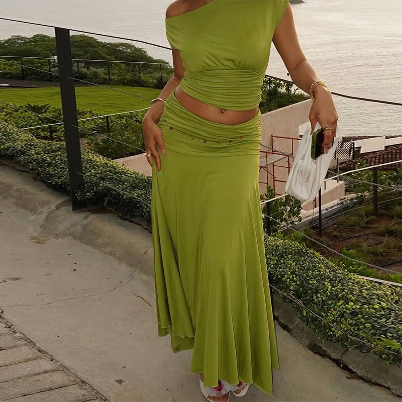 Women Clothing Summer One Shoulder Pleated Slim Fit Skirt Set