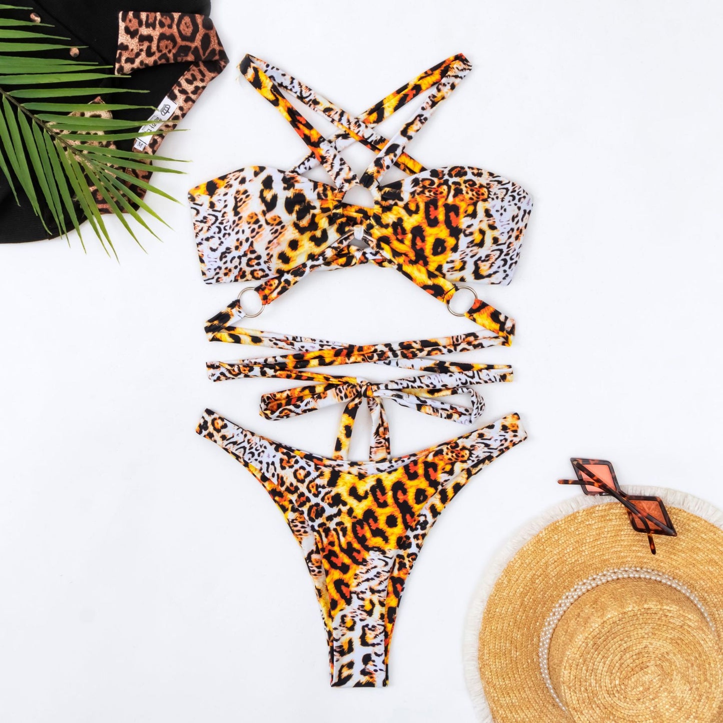 Traje de baño con estampado de leopardo, bikini con cuerda, traje de baño sexy para mujer, bikini