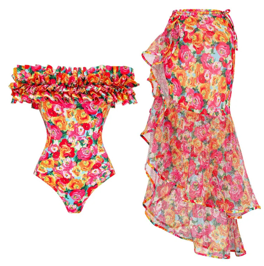Traje de baño de una pieza con estampado francés retro para mujer, traje de baño adelgazante para vacaciones