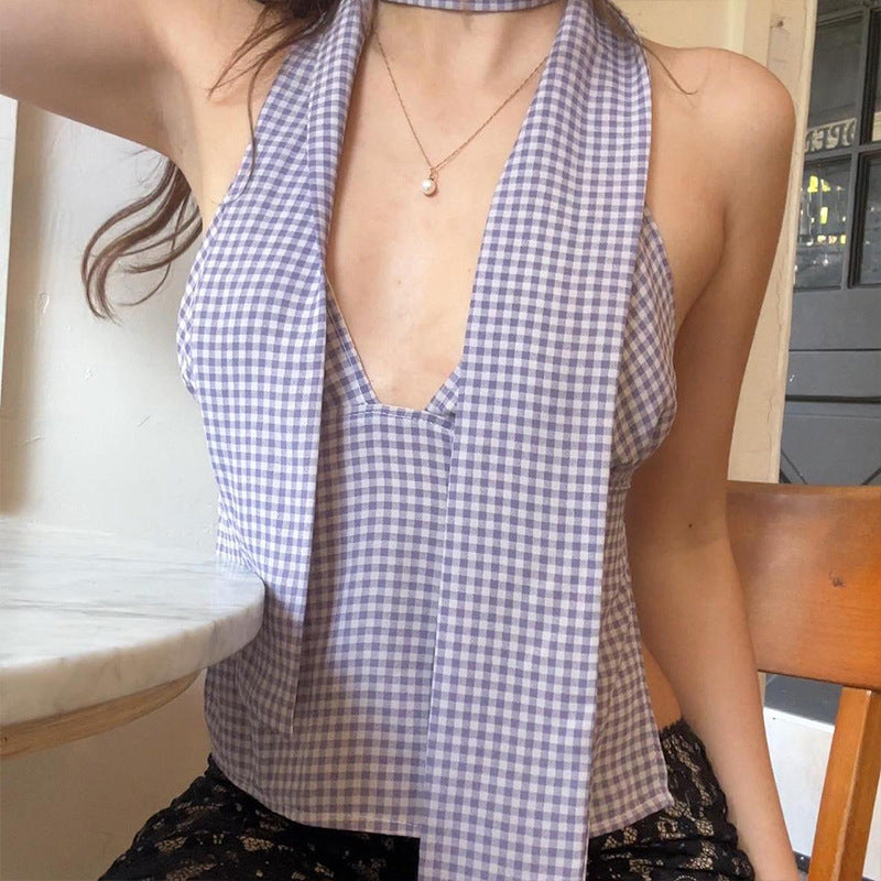 Women Clothing Summer Sexy Plaid Ribbon Slim All Matching Tank Top for Women