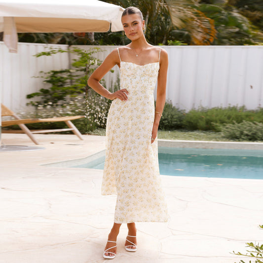 Vestido de vacaciones sexy con tirantes y espalda descubierta con estampado floral para mujer