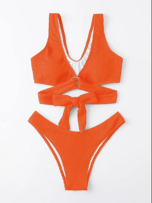 Traje de baño sexy con cordones y bikini de color sólido dividido para mujer