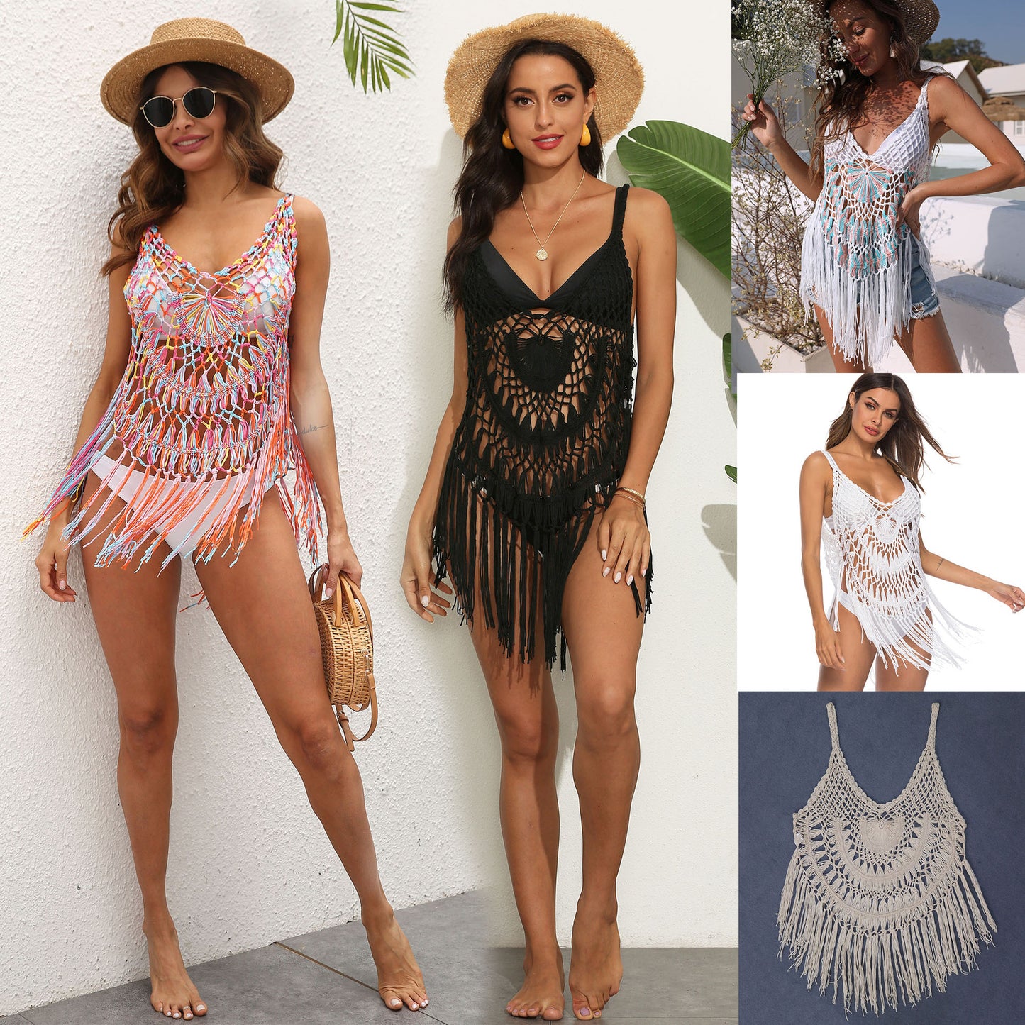 Sexy See-through Pure Hand Crocheting Tassel Stitching Beach Beach Cover Up Suspender Skirt
