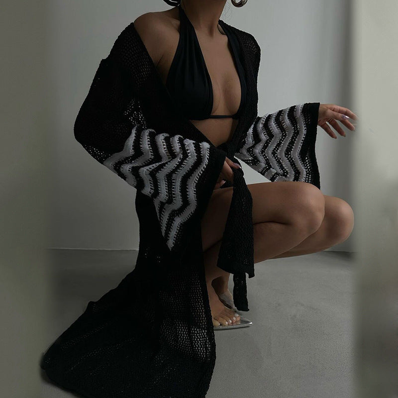 Summer Vacation Beach Dress Sexy Knitting Bikini Smock Dress Lace Up Bell Sleeve Dress Women