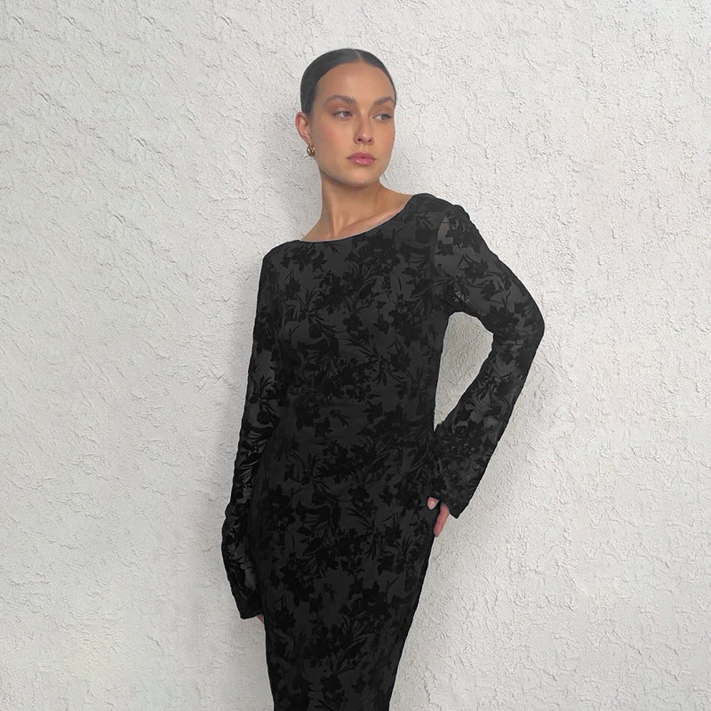 Sexy Backless Long Sleeves Printed Dress Women Autumn Graceful Fashionable Dress