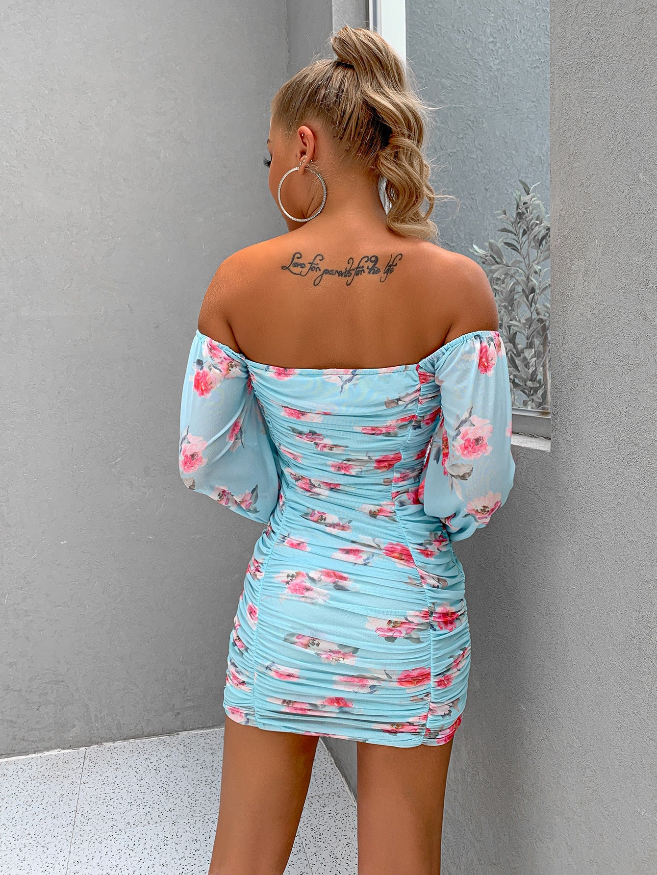 Sexy Women Clothing Printed off Neck Collar Skinny Slimming Sheath Dress