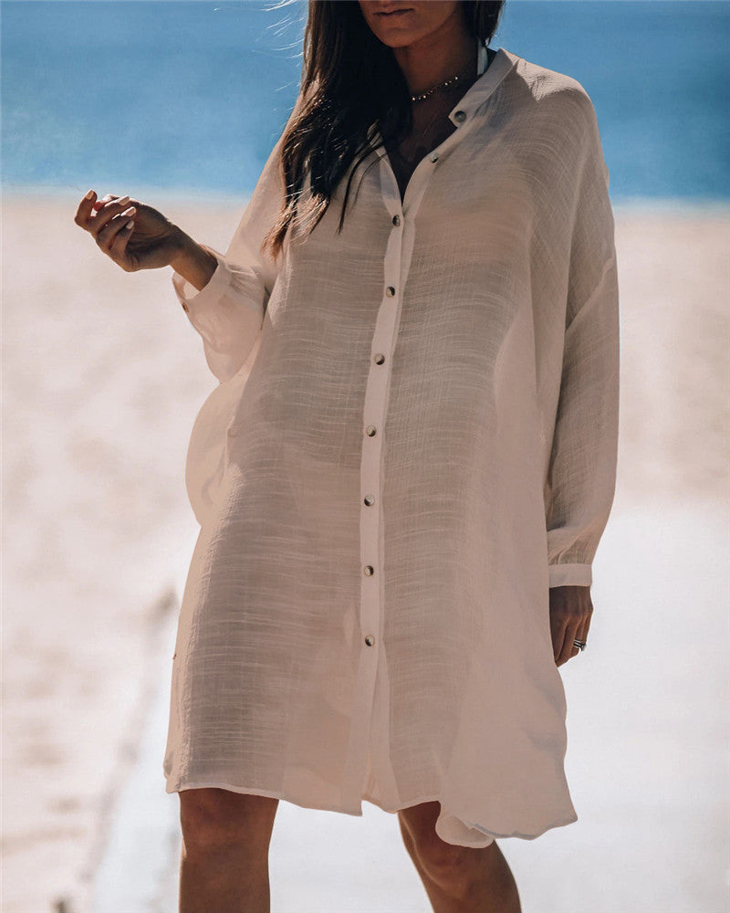 Camisa de bambú de un solo pecho para playa, protección solar, falda informal para vacaciones en la playa