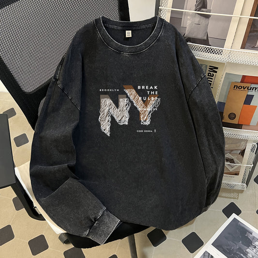 Autumn Winter Retro Washed Heavy Cotton Niche round Neck Brand Hip Hop Long Sleeve T shirt Women