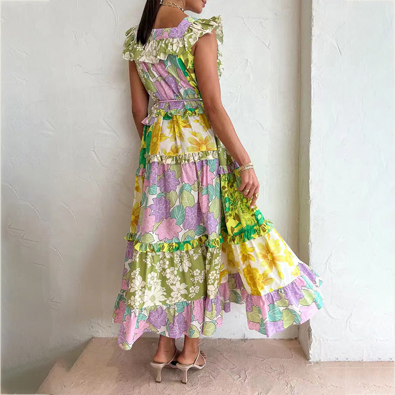 Spring Ruffles Sexy off-Neck Printed Waist Controlled Slimming Slim Dress for Women Ory