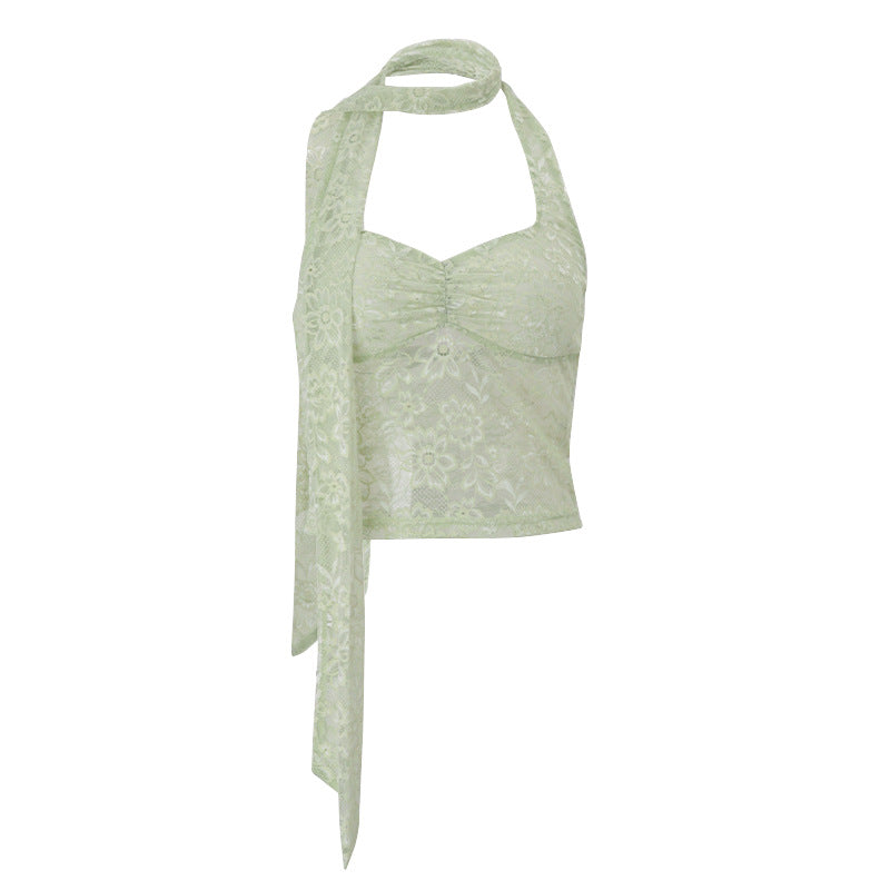 Women Clothing Summer Sexy Lace See through Decorative Ribbon Short Halterneck Vest Top