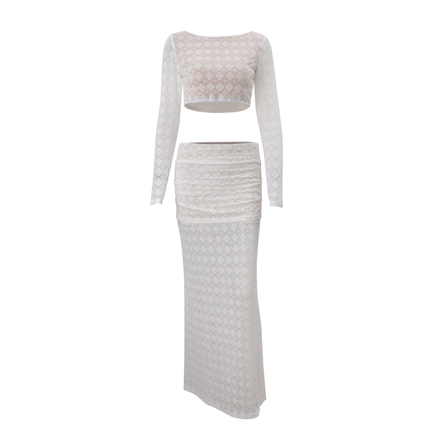 Women Clothing Autumn Sexy round Neck Cropped Long Sleeve Top Low Waist Skirt Set